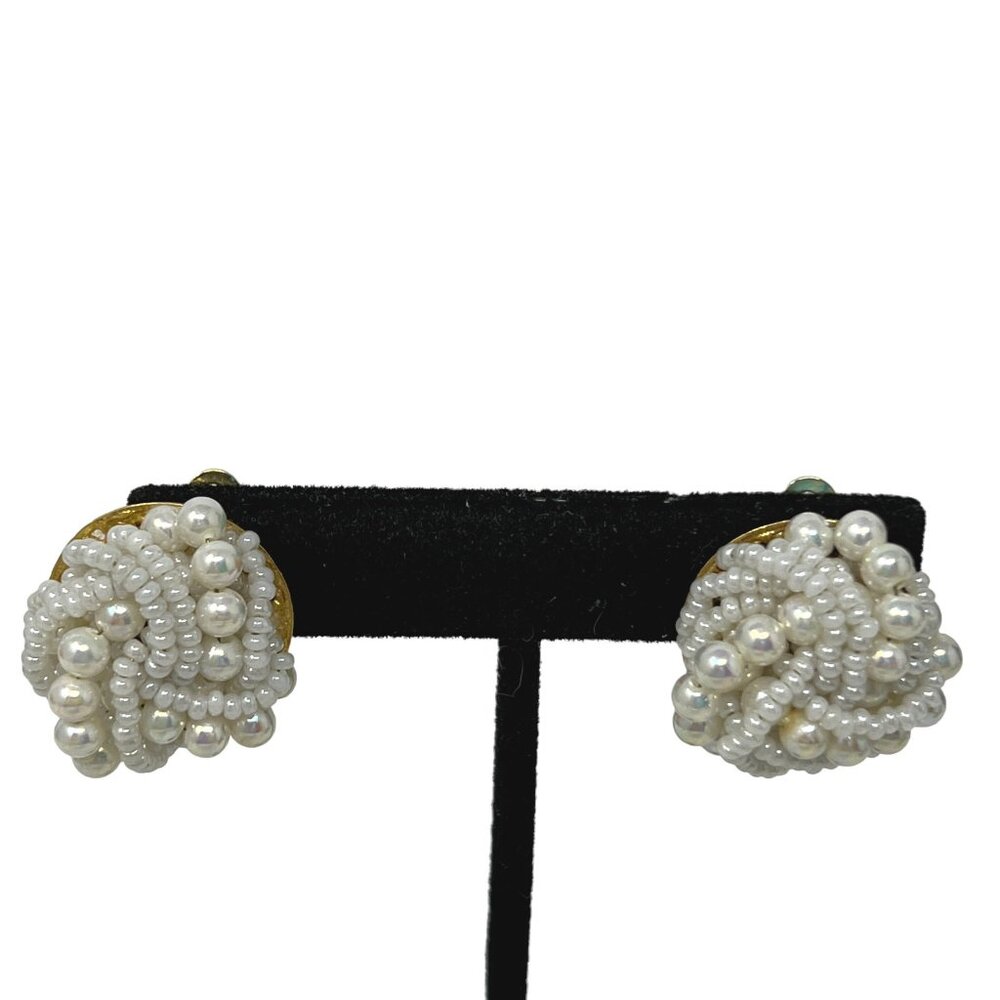Faux Pearl Earrings Seed Cluster Clip‎ Back Dome Knot